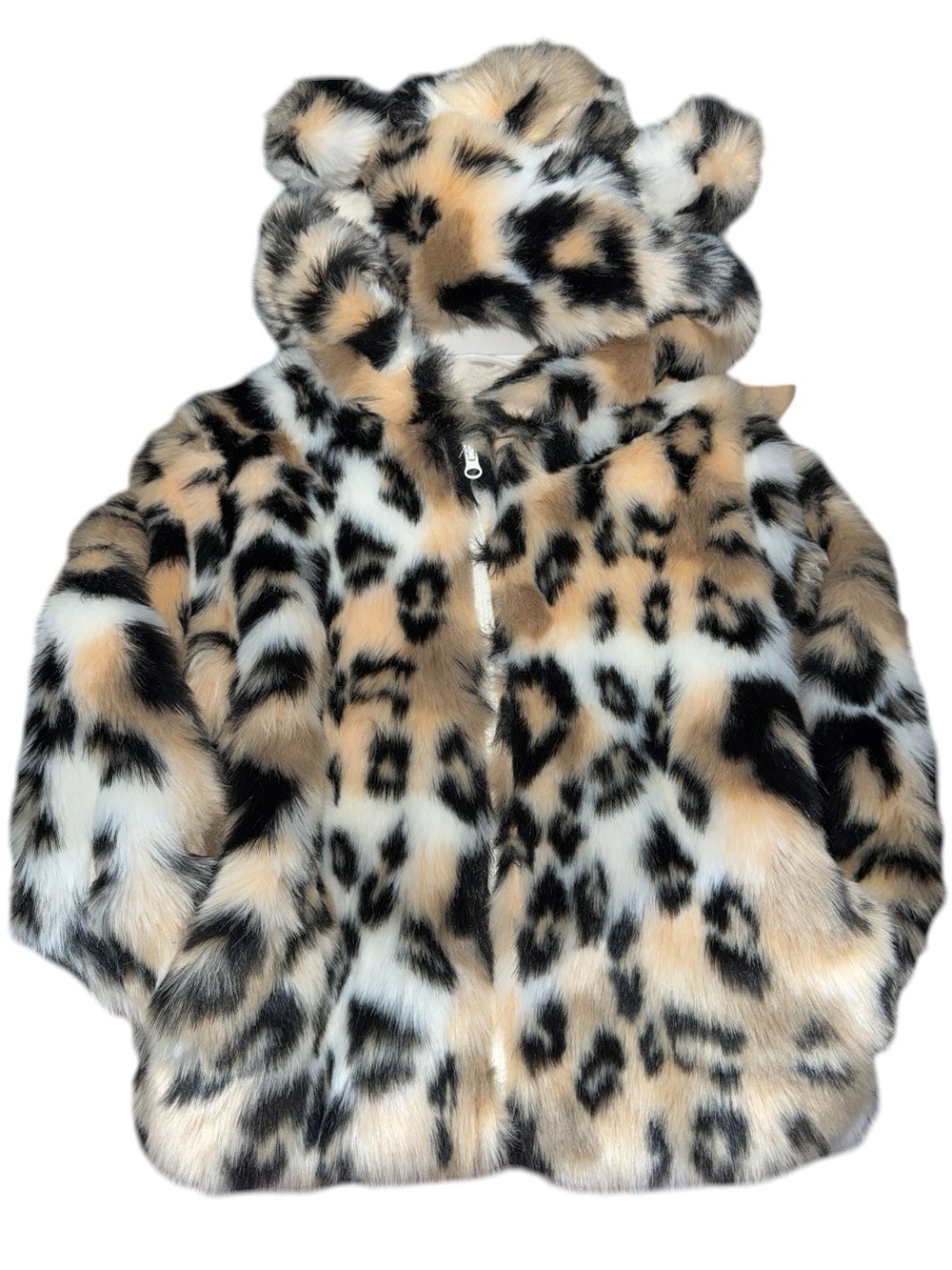 Kids Faux Fur Leopard Print Hooded Jacket - Beige Black White